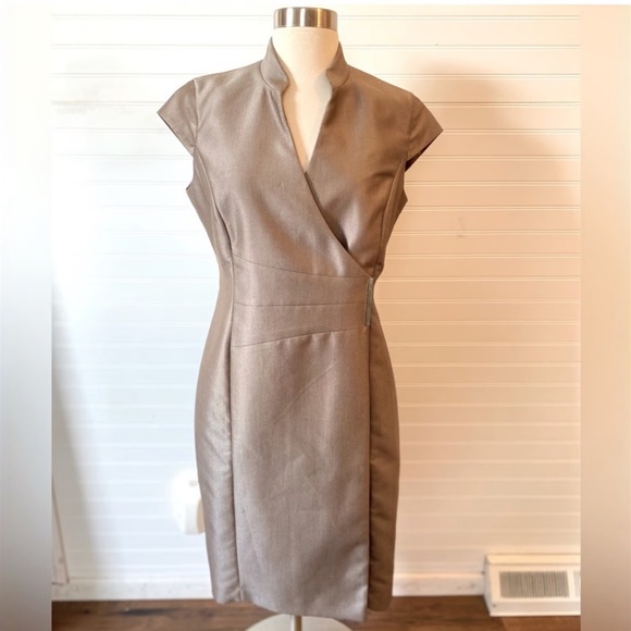 Calvin Klein Dresses & Skirts - Calvin Klein Sz 6 Sheath Mandarin Collar Button Wrap Midi Dress Lined Khaki